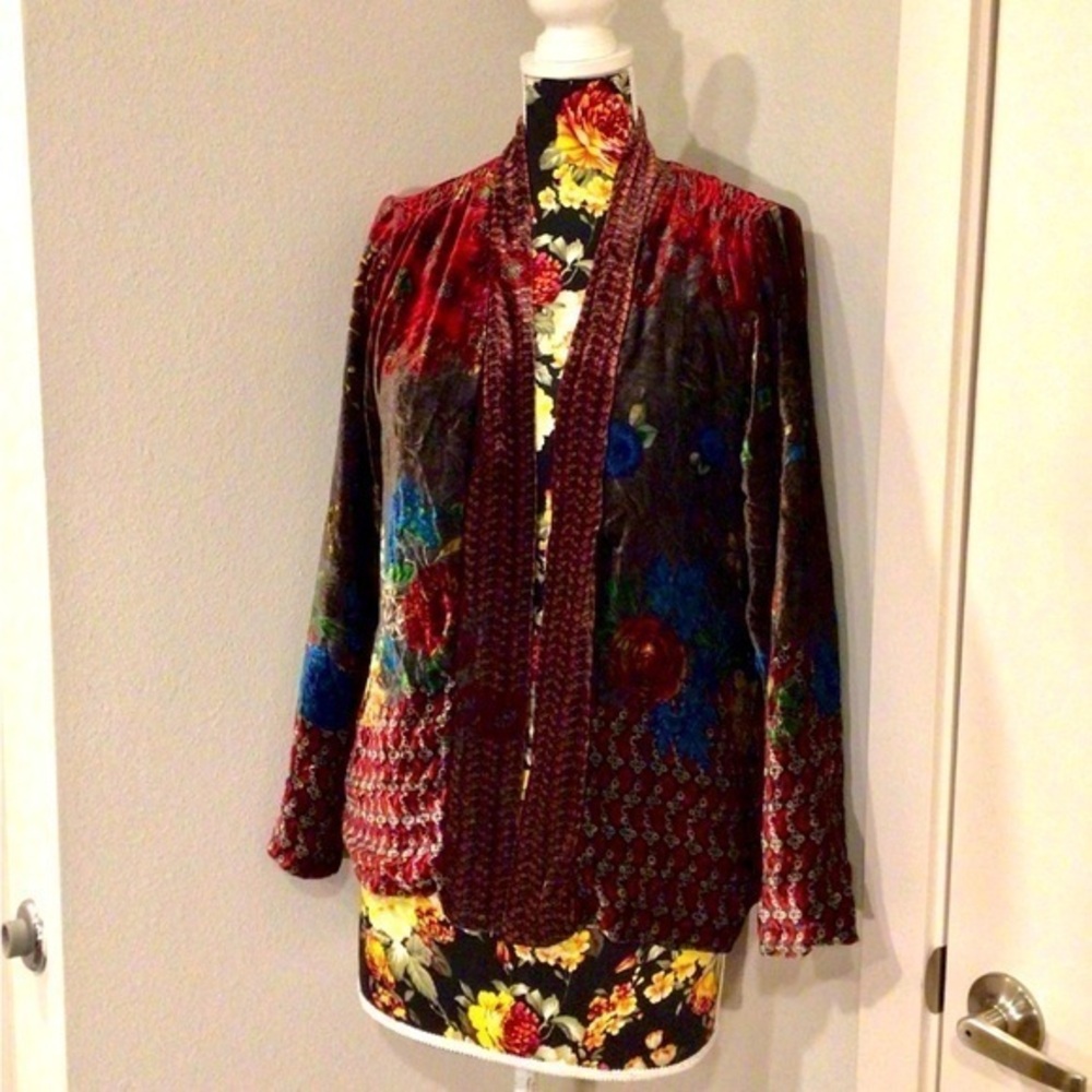Johnny Was Adele Multi Floral Print Silk Velvet Blazer Jacket